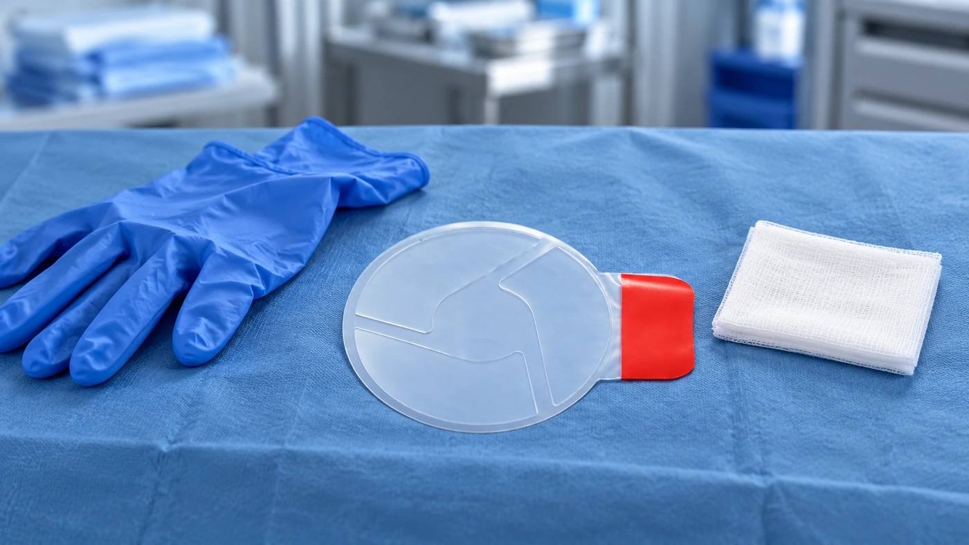 Illustrative preparation still life with a reference-based Rusun ARC seal, unworn examination gloves and folded wiping gauze